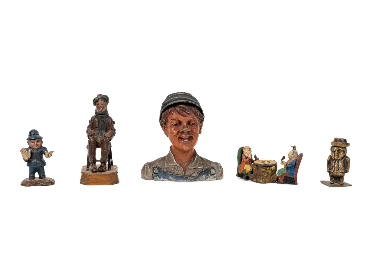 A Group of Five Cast Metal Figural Inkwells