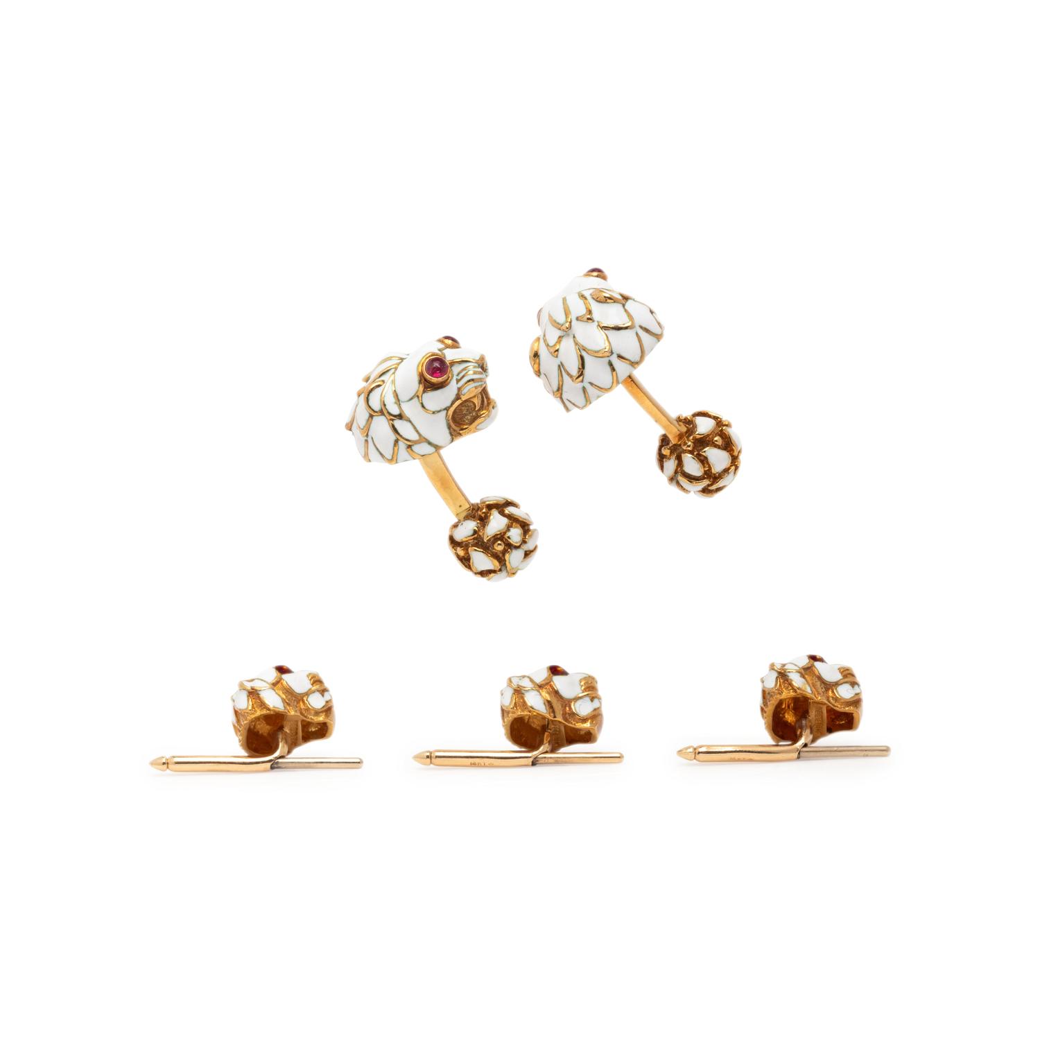 DAVID WEBB, YELLOW GOLD AND ENAMEL LION'S HEAD DRESS SET