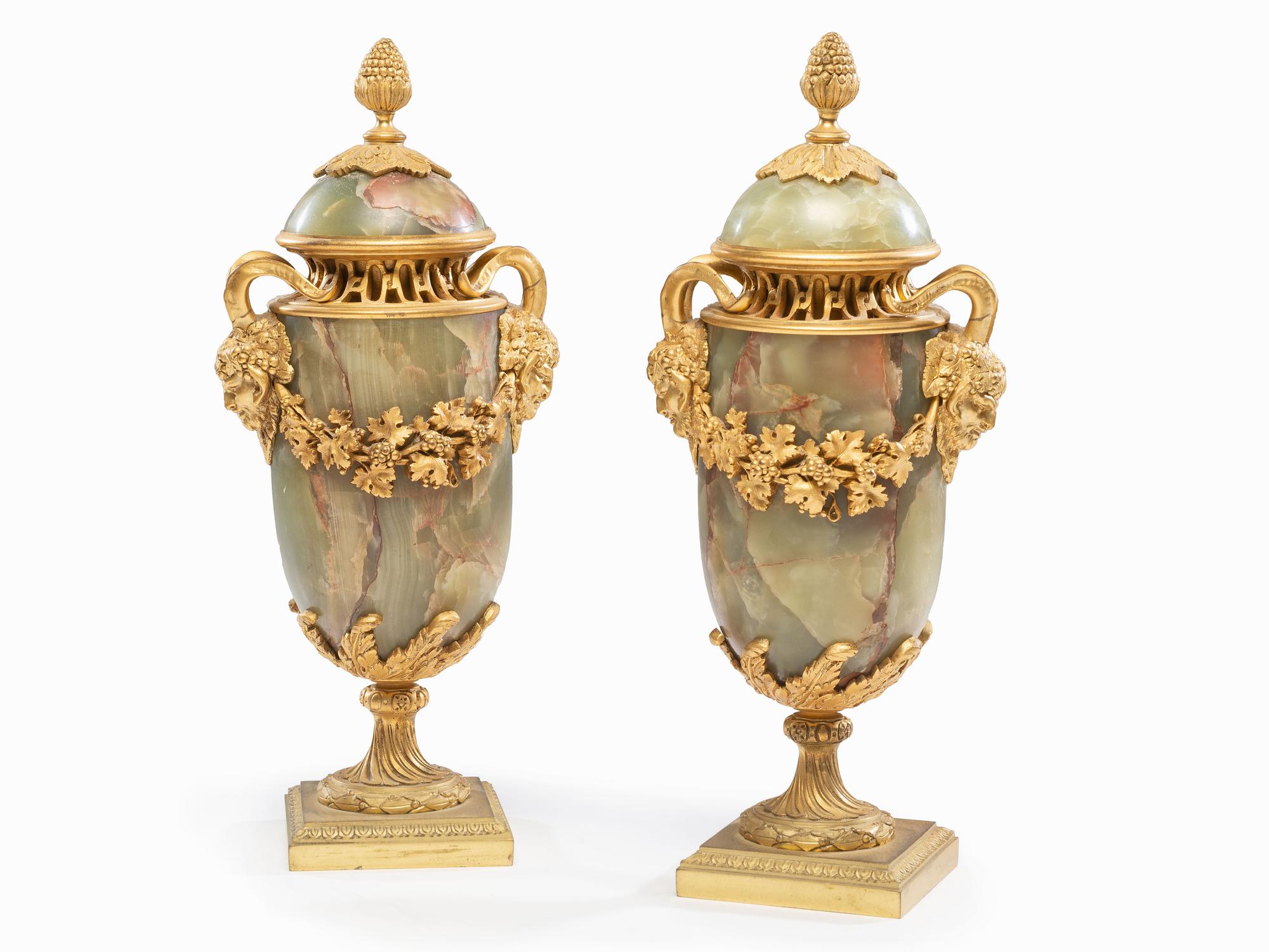 A Pair of French Gilt Bronze and Onyx Urn Ornaments