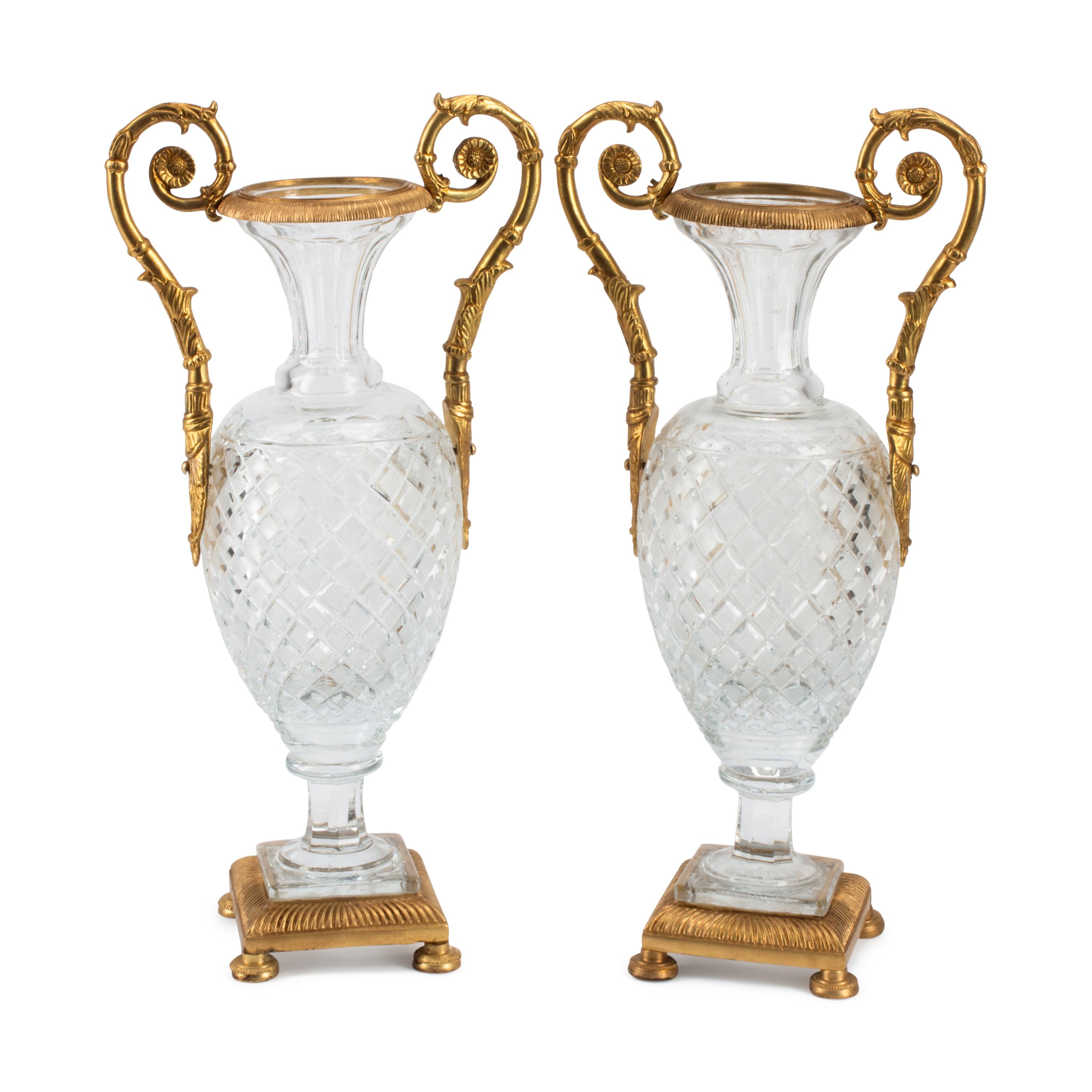 A Pair of Empire Style Gilt Metal Mounted Cut Glass Vases
