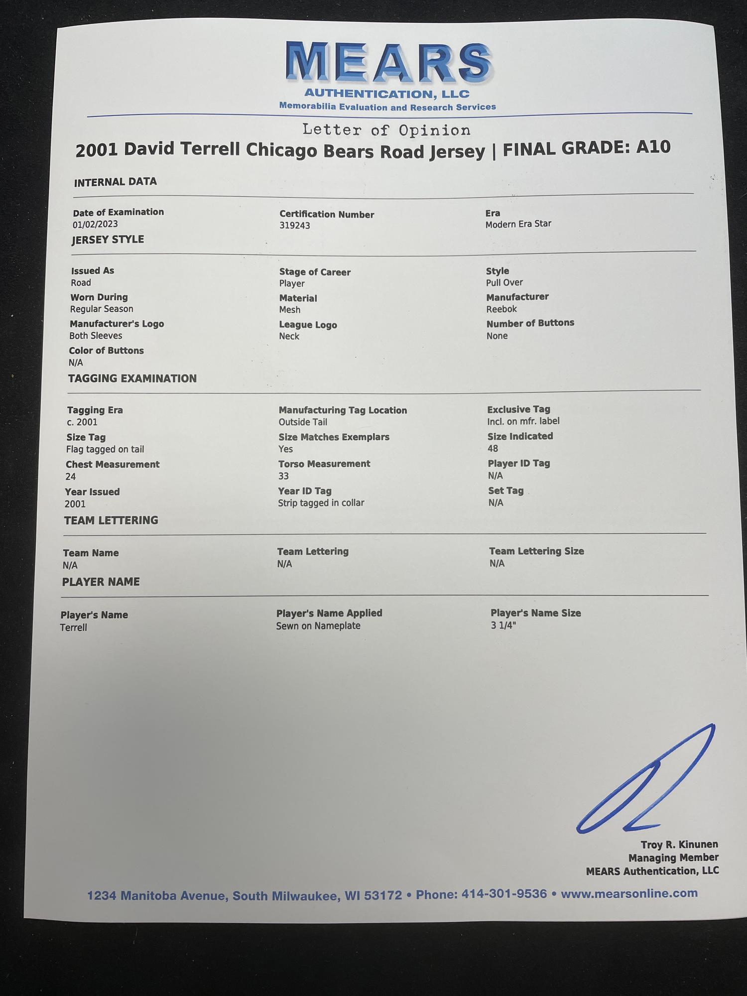 A David Terrell Rookie Season Game Used Chicago Bears Football Jersey (MEARS A10)