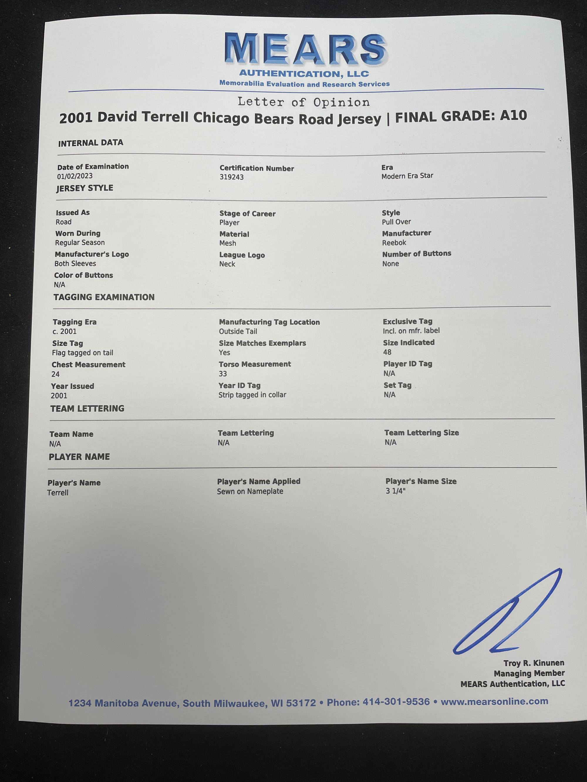 A David Terrell Rookie Season Game Used Chicago Bears Football Jersey (MEARS A10)