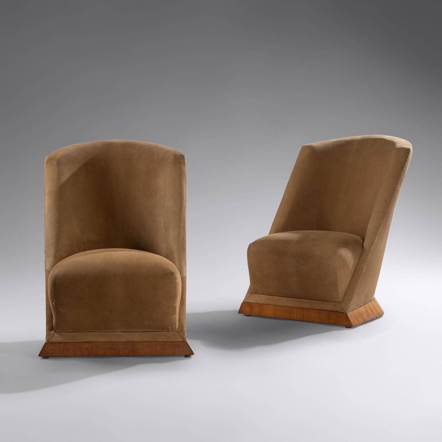 Pair of Art Deco Sueded Pig Skin and Zebra Wood Slipper Chairs