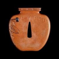 A Japanese patinated and parcel-gilt metal "Shojo and Wine Jar" Tsuba 日本”猩猩与酒壶“刀镡 Late Edo/Meiji period ???????