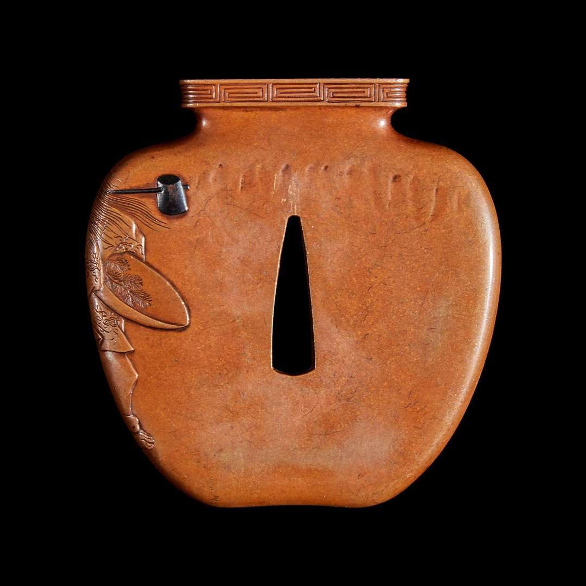 A Japanese patinated and parcel-gilt metal "Shojo and Wine Jar" Tsuba 日本”猩猩与酒壶“刀镡 Late Edo/Meiji period ???????