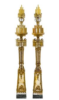 A Pair of Monumental Gilt Bronze and Marble Torcheres from Chicago's Uptown Theater