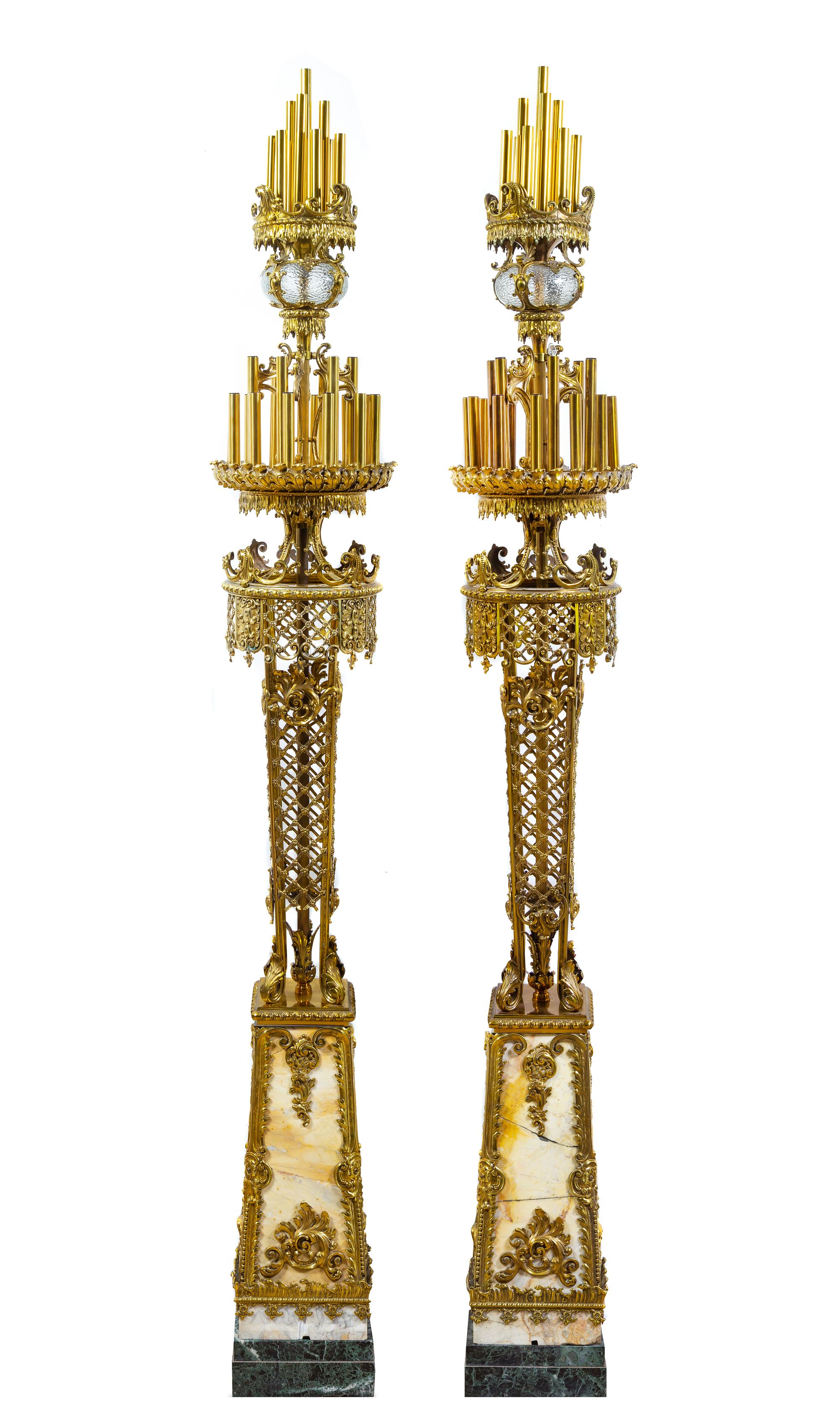 A Pair of Monumental Gilt Bronze and Marble Torcheres from Chicago's Uptown Theater