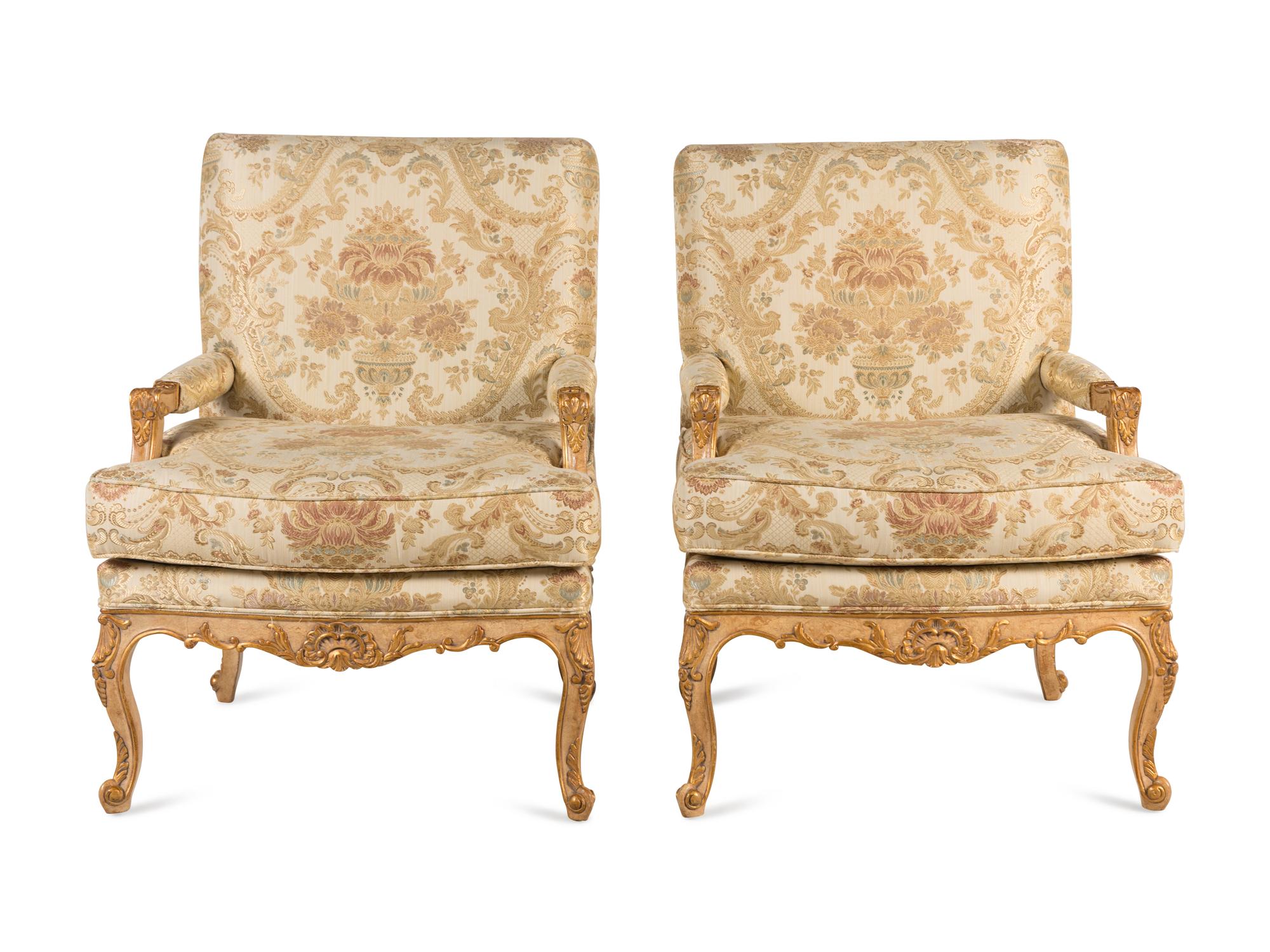 A Pair of Louis XV Style Giltwood Fauteuils