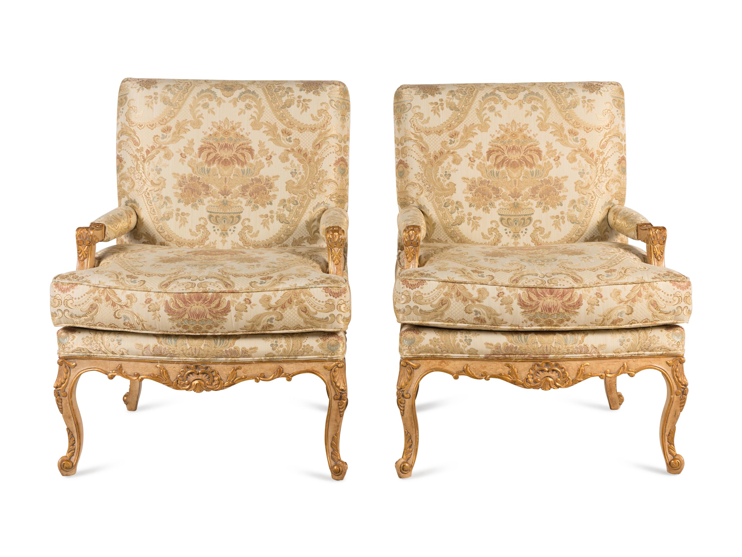 A Pair of Louis XV Style Giltwood Fauteuils