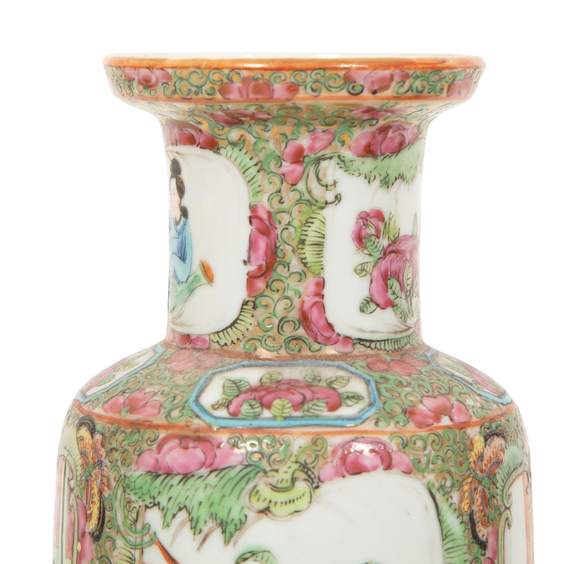 A Pair of Chinese Export Canton Famille Rose Rouleau-form Vases