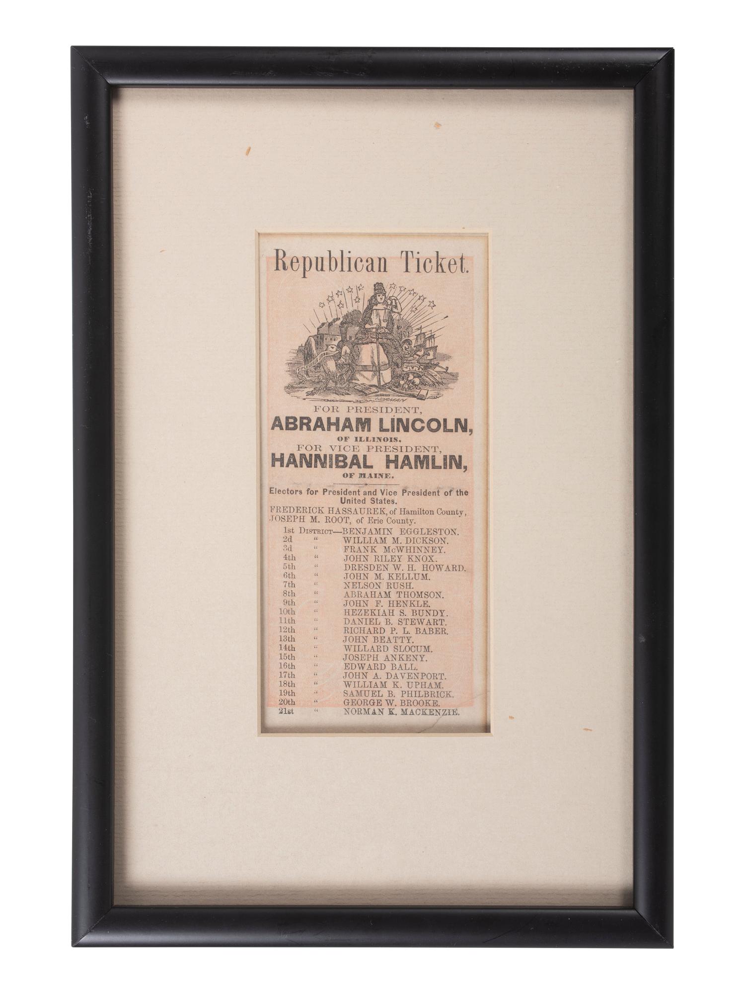 [LINCOLNIANA]. 1860 Republican Ticket for Lincoln and Hamlin, descended directly in the family of Hannibal Hamlin.