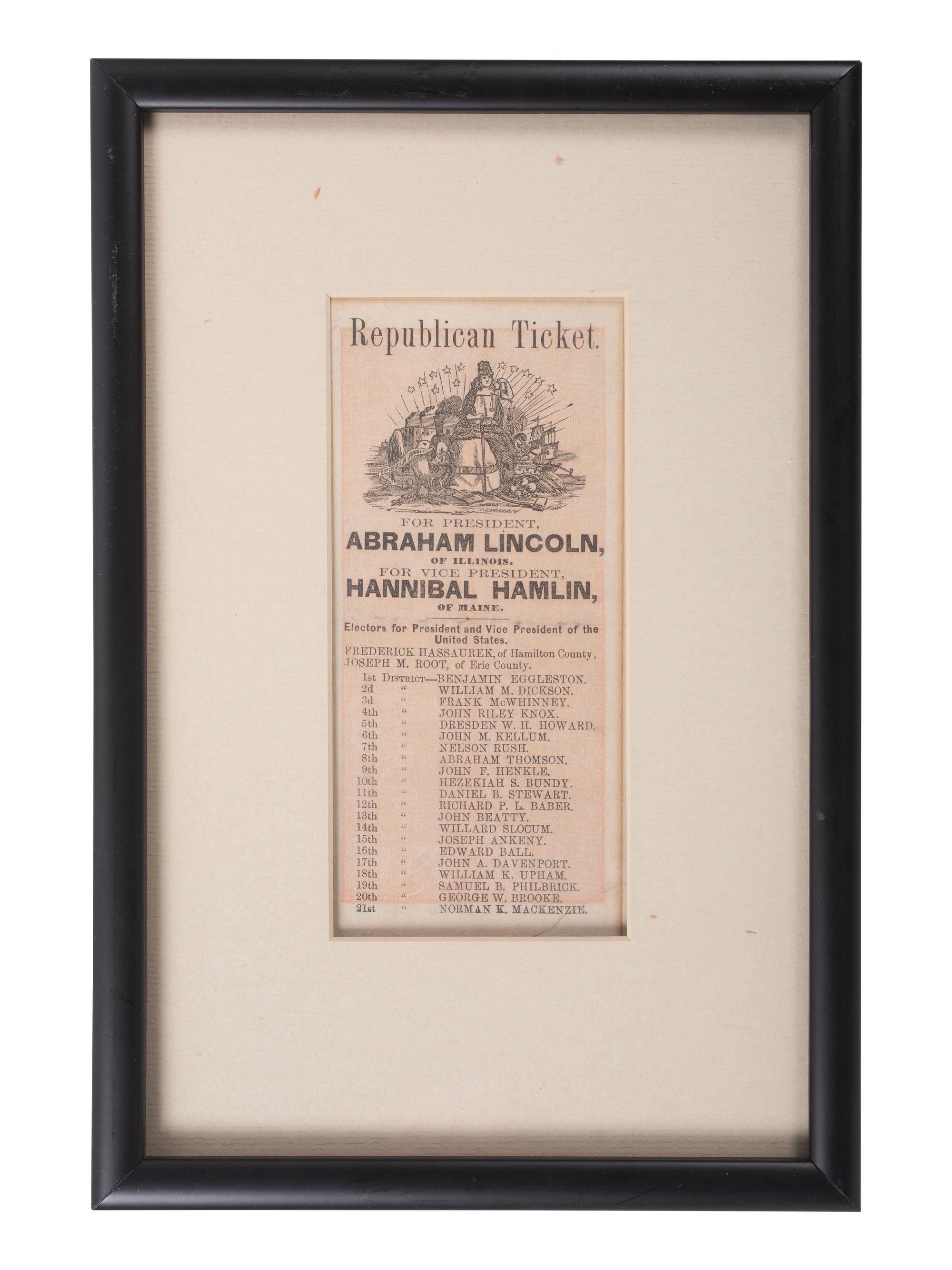 [LINCOLNIANA]. 1860 Republican Ticket for Lincoln and Hamlin, descended directly in the family of Hannibal Hamlin.