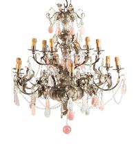 An Italian Silvered Tôle, Rose Quartz and Rock Crystal Twelve-Light Chandelier