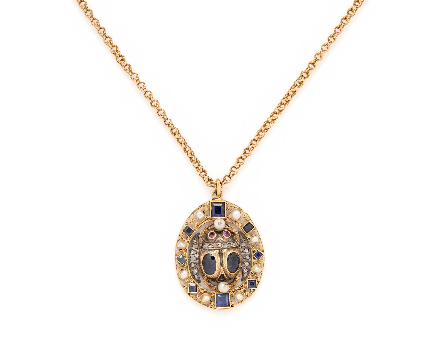 GEMSTONE, PEARL AND DIAMOND SCARAB PENDANT/NECKLACE