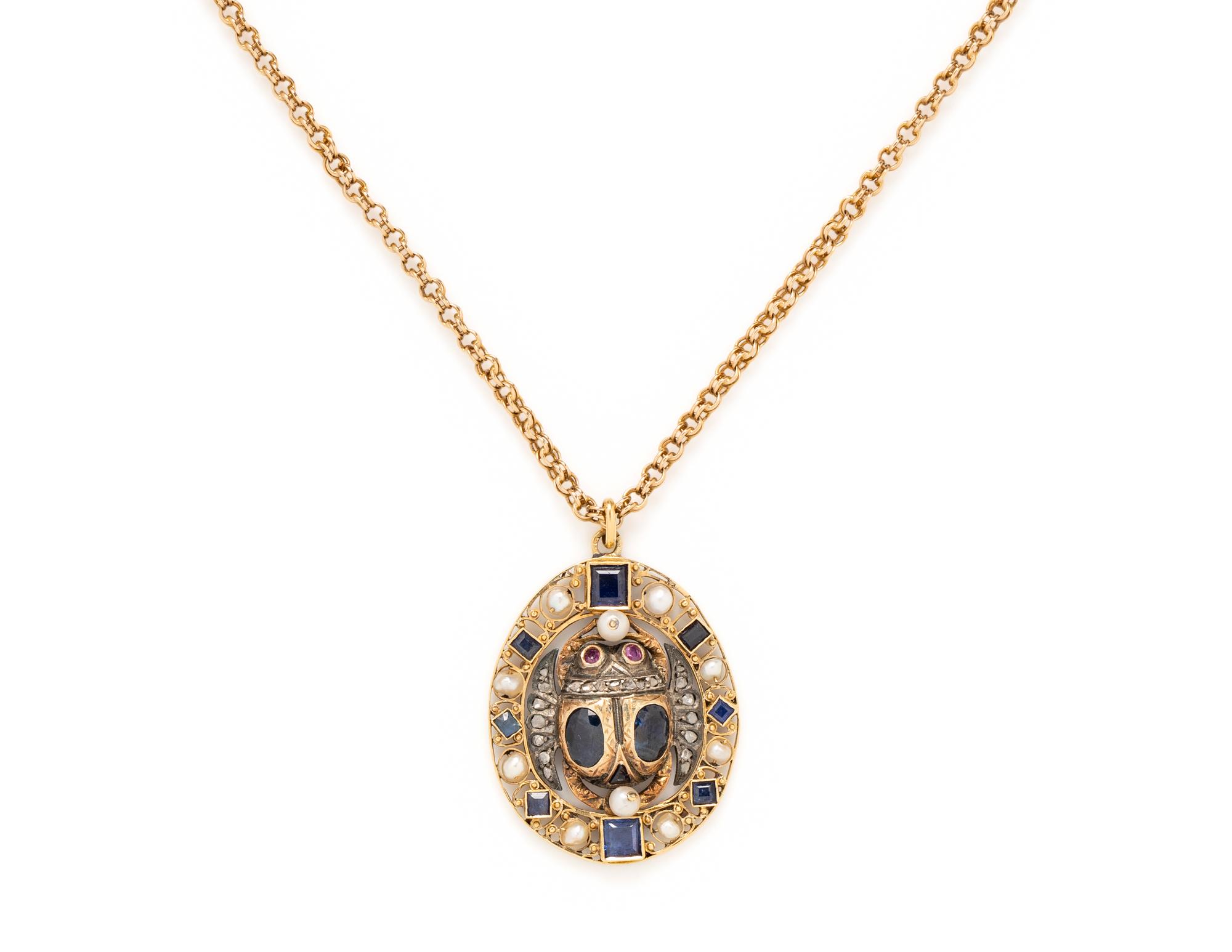 GEMSTONE, PEARL AND DIAMOND SCARAB PENDANT/NECKLACE