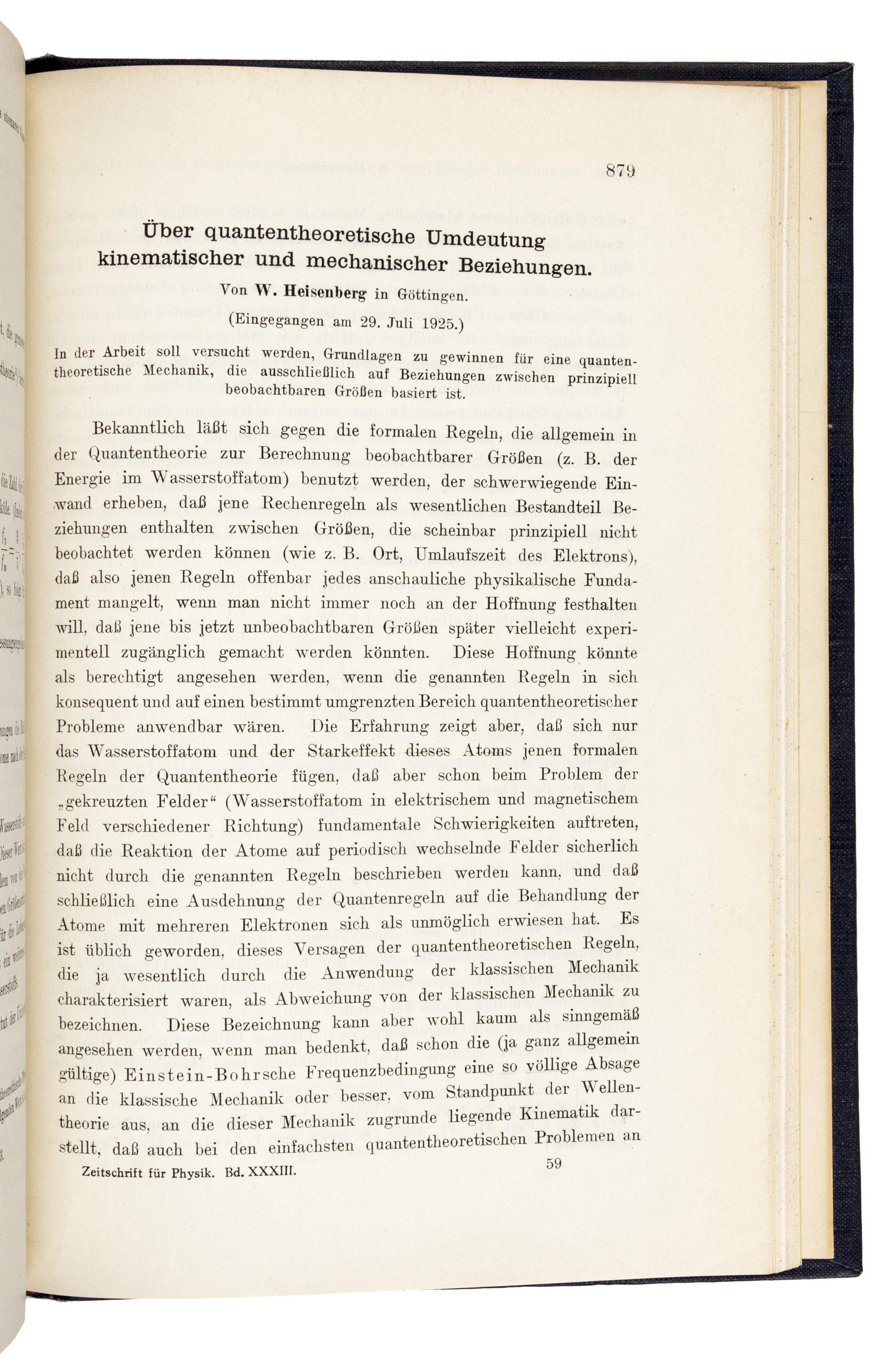 HEISENBERG, Werner (1901-1976), Max BORN (1882-1970), and Pascual JORDAN (1902-1980). “Zur Quantenmechanik.” In: Zeitschrift für Physik , Vol. 35, pp.557-615. Berlin: Julius Springer, February 4, 1926.