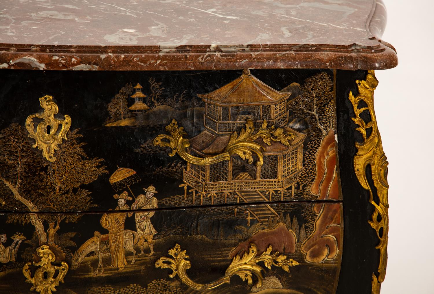 A Louis XV Gilt Bronze Mounted Lacquered Marble-Top Commode