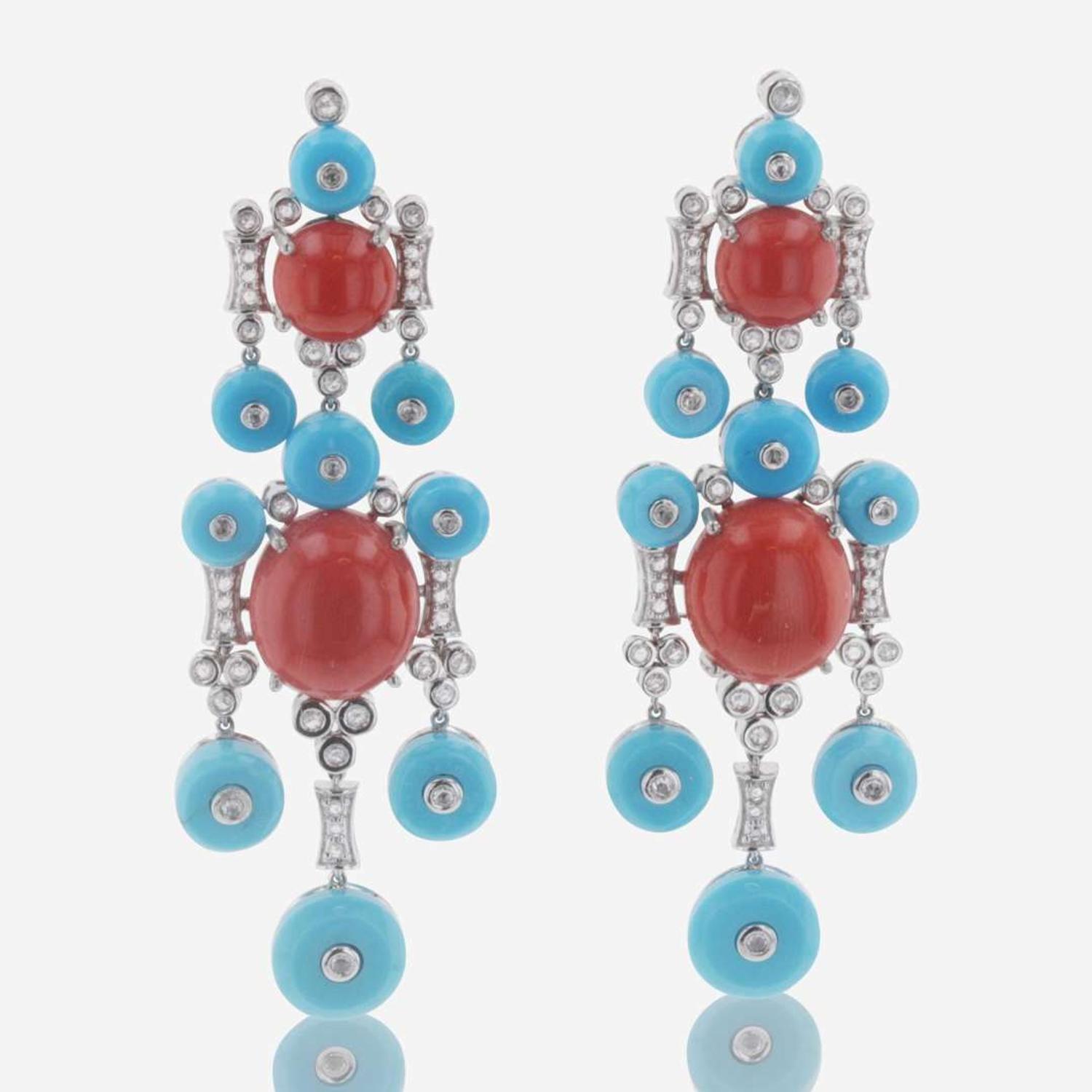 A Pair of Coral, Turquoise, and Diamond Earrings