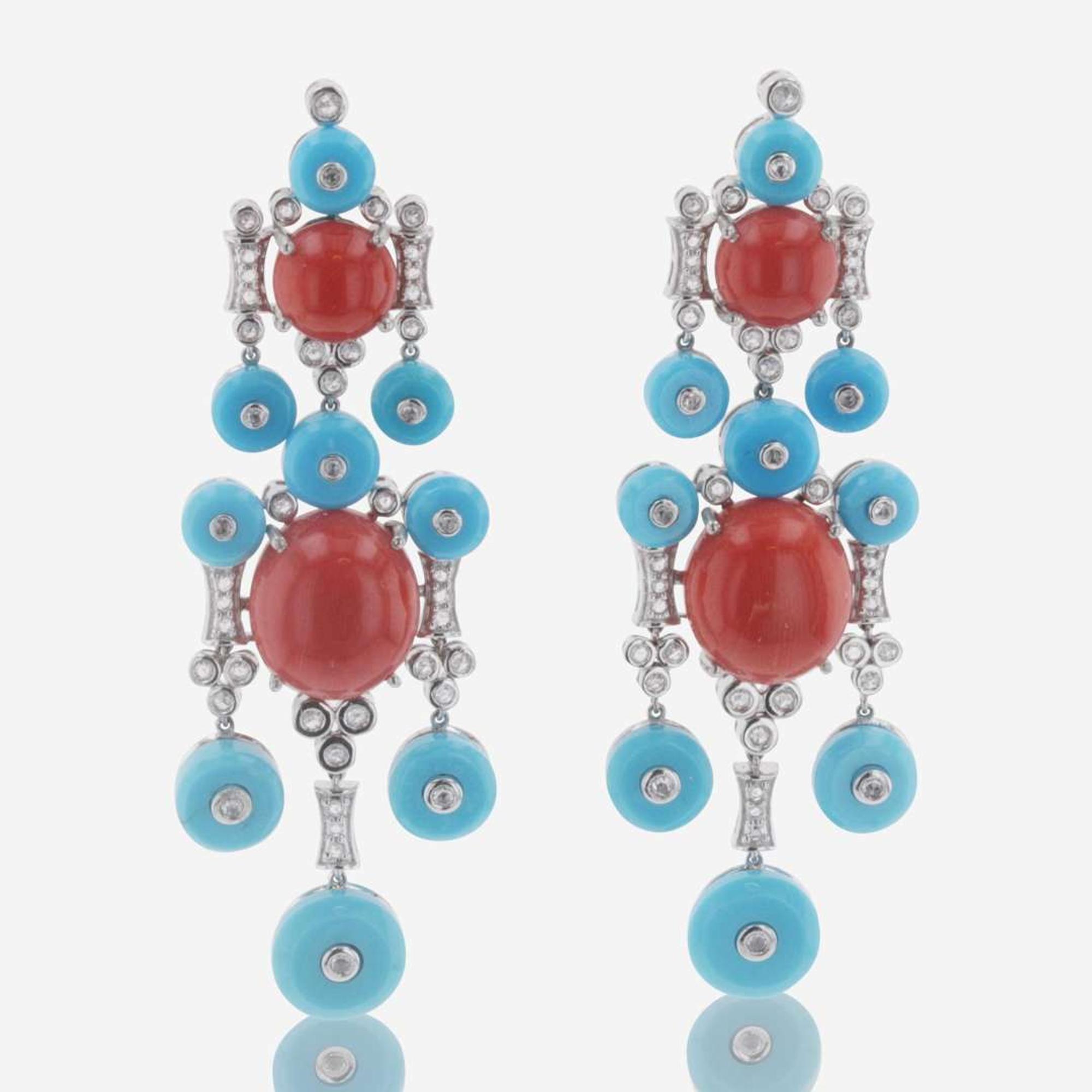A Pair of Coral, Turquoise, and Diamond Earrings