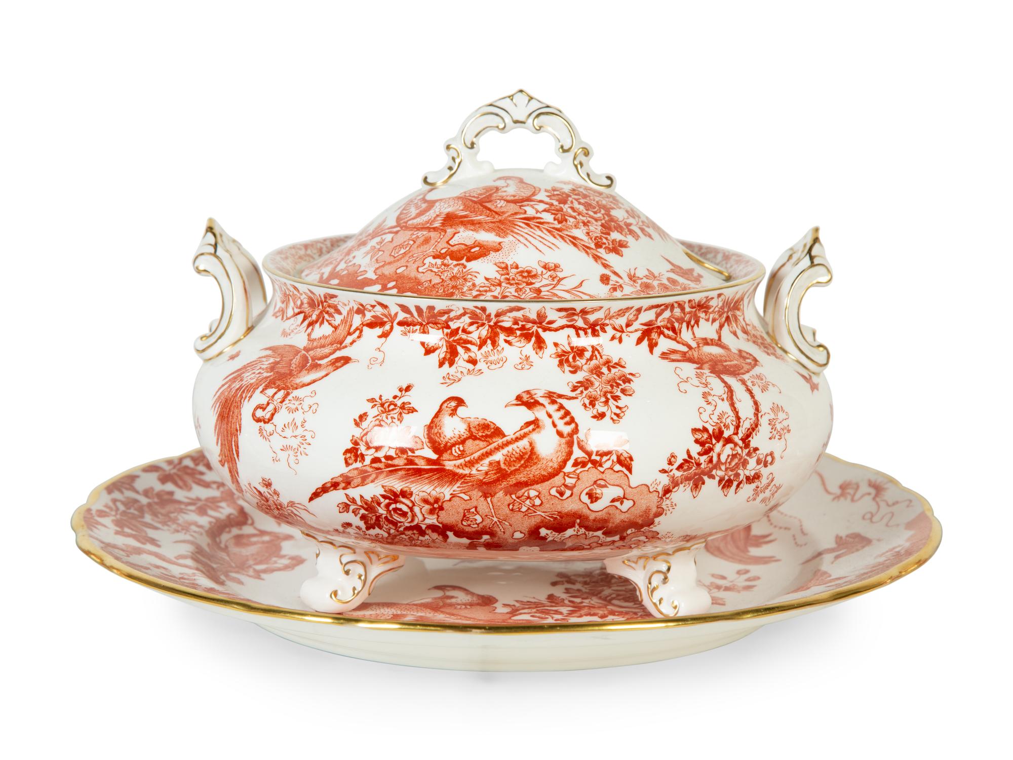 A Royal Crown Derby Red Aves Covered Tureen with Under Plate and a Pair of Candlesticks