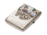 A Russian Silver and En Plein Enamel Cigarette Case, Maker's mark Cyrillic EY, kokoshnik mark of Ivan Lebedkin, Moscow, the lid decorat