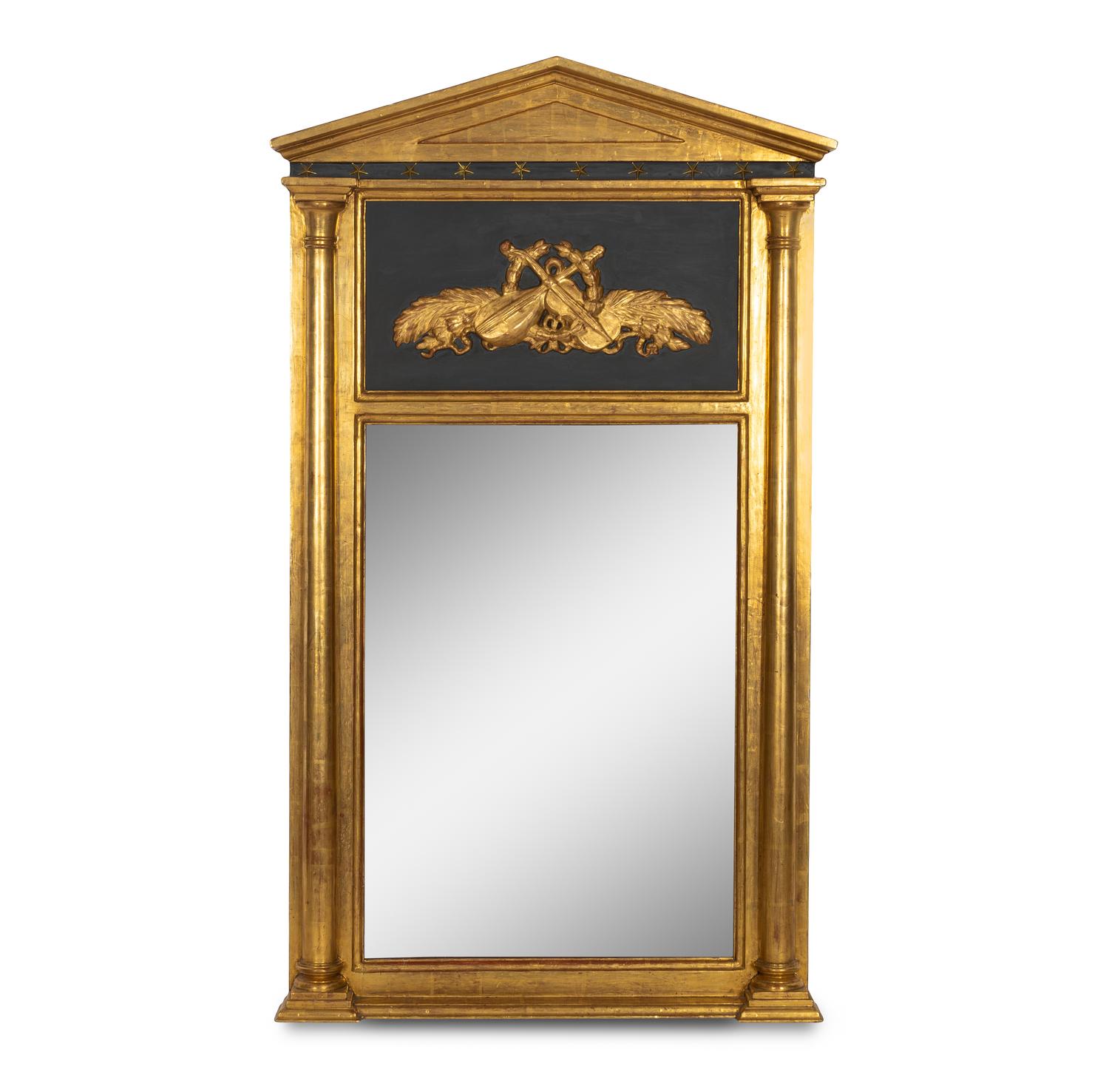 A Directoire Parcel Ebonized Giltwood Trumeau Mirror