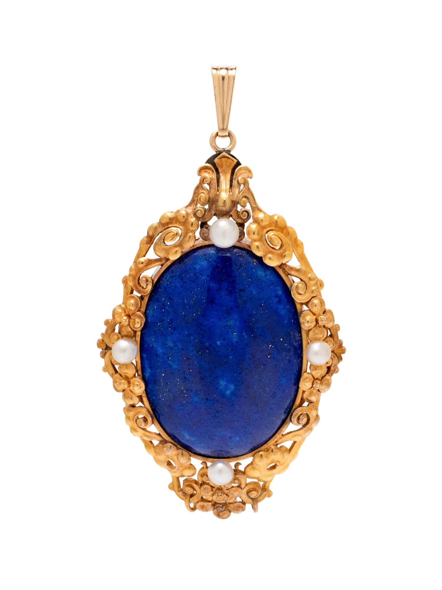 ANTIQUE, YELLOW GOLD, LAPIS LAZULI AND PEARL PENDANT