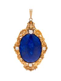 ANTIQUE, YELLOW GOLD, LAPIS LAZULI AND PEARL PENDANT