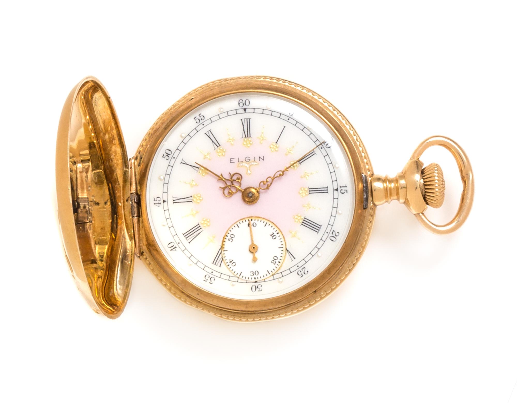A 14 Karat Tricolor Gold and Diamond Hunter Case Pocket Watch, Elgin, Circa 1906, 22.20 dwts.