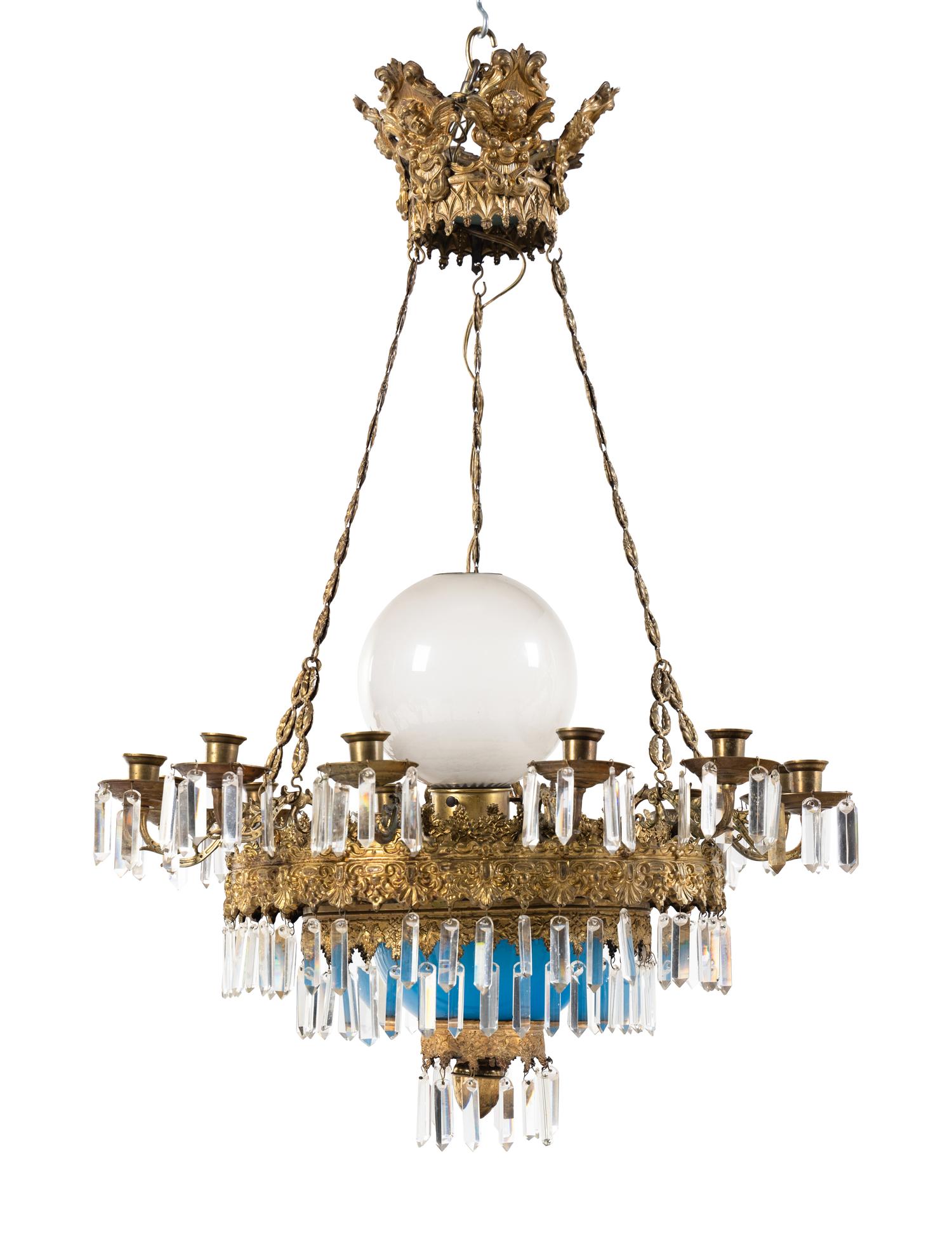 A French Opaline Glass and Gilt Metal Twelve-Light Chandelier