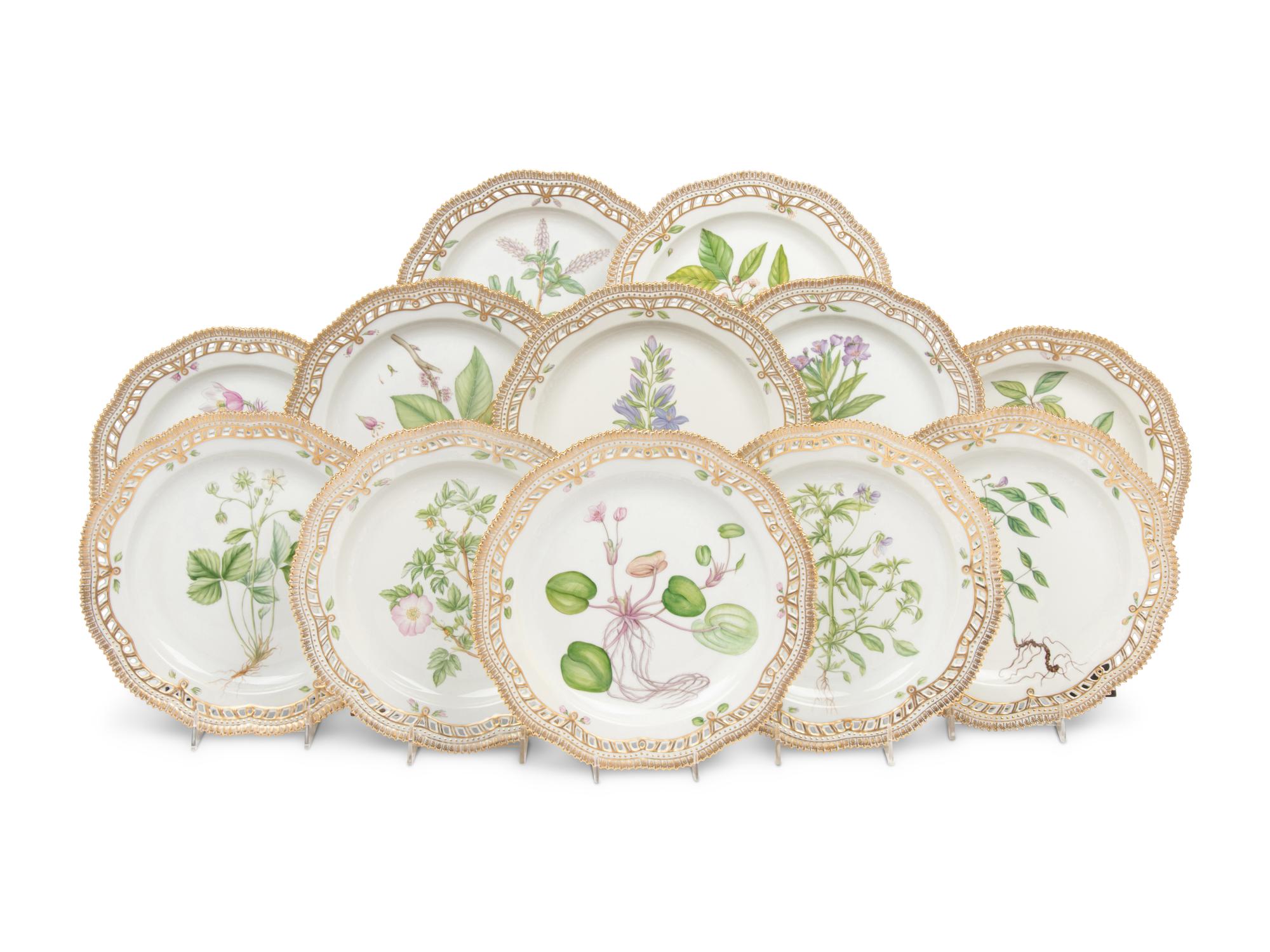 A Set of Twelve Royal Copenhagen Flora Danica Reticulated Porcelain Dinner Plates