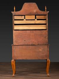 A Queen Anne Fan-Carved Tiger Maple Bonnet-Top Tablet-Foot High Chest