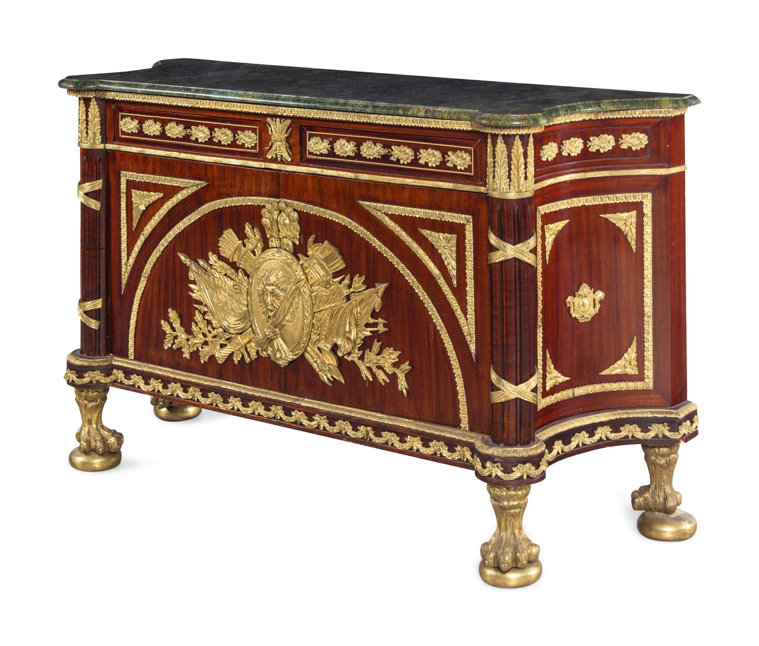 A Louis XVI Style Gilt Metal Mounted Mahogany Commode à Vantaux After the Model by Guillaume Benneman