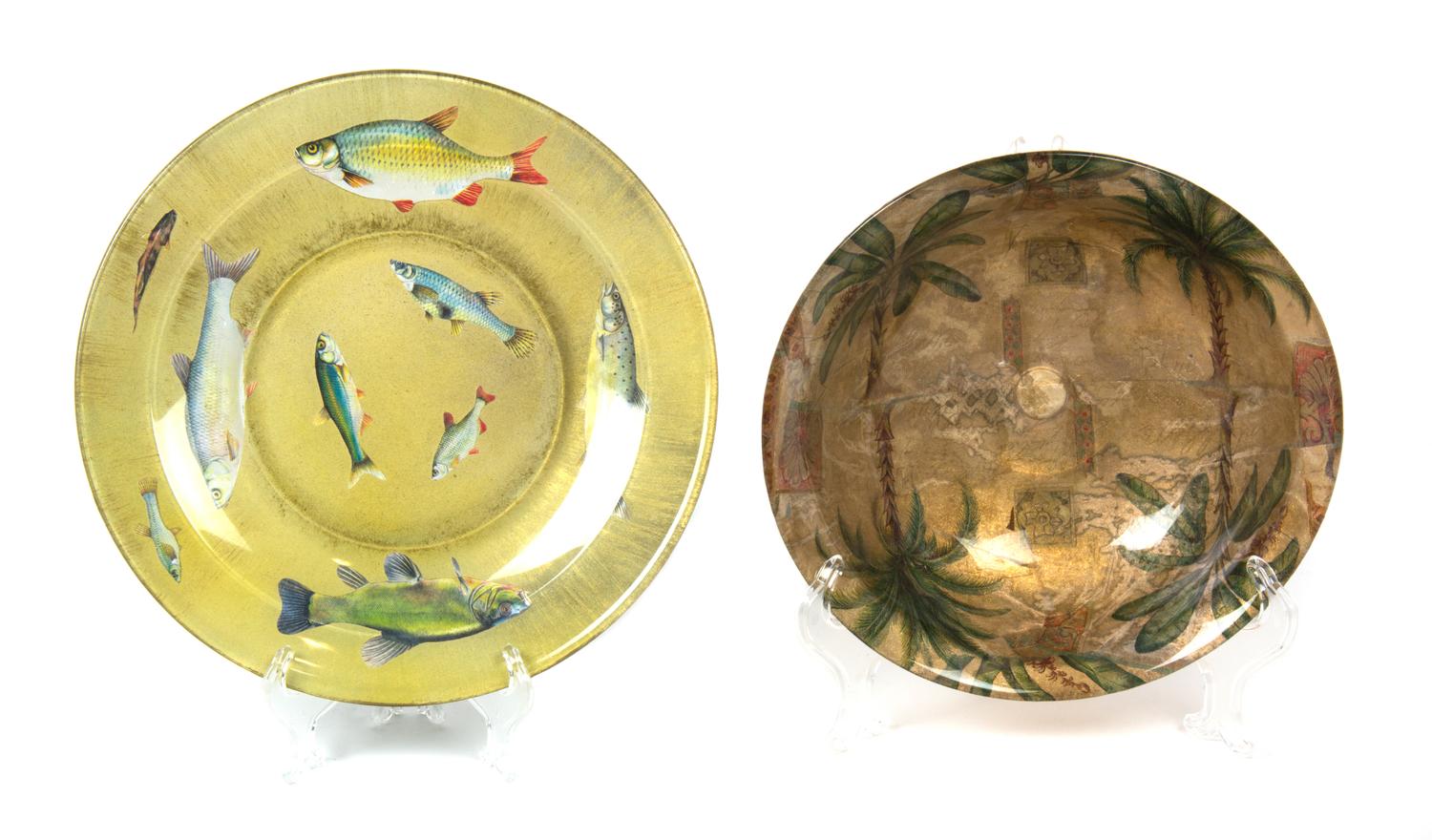 Two Transfer Decorated Glass Serving Articles Diameter of larger 11 3/4 inches. — 20TH CENTURY