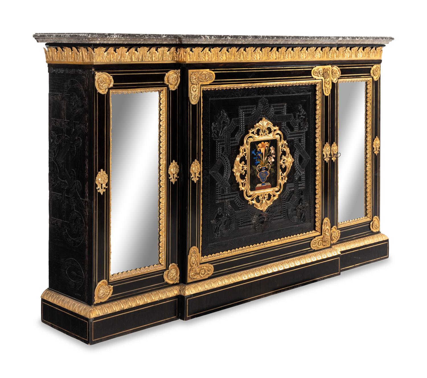 A Napoleon III Bas Relief-Carved, Gilt Bronze Mounted and Pietra Dura-Inset Marble-Top Cabinet