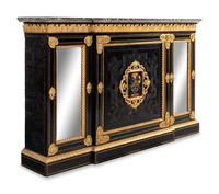 A Napoleon III Bas Relief-Carved, Gilt Bronze Mounted and Pietra Dura-Inset Marble-Top Cabinet