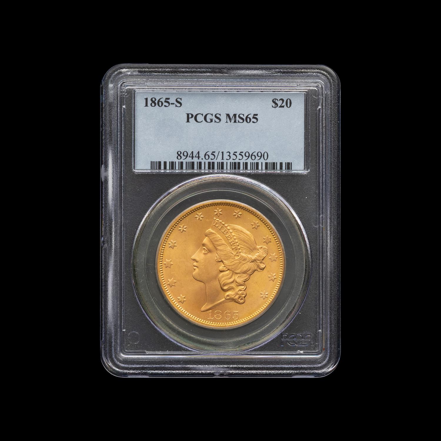 An 1865-S Liberty Head $20 Gold Coin [PCGS MS65]