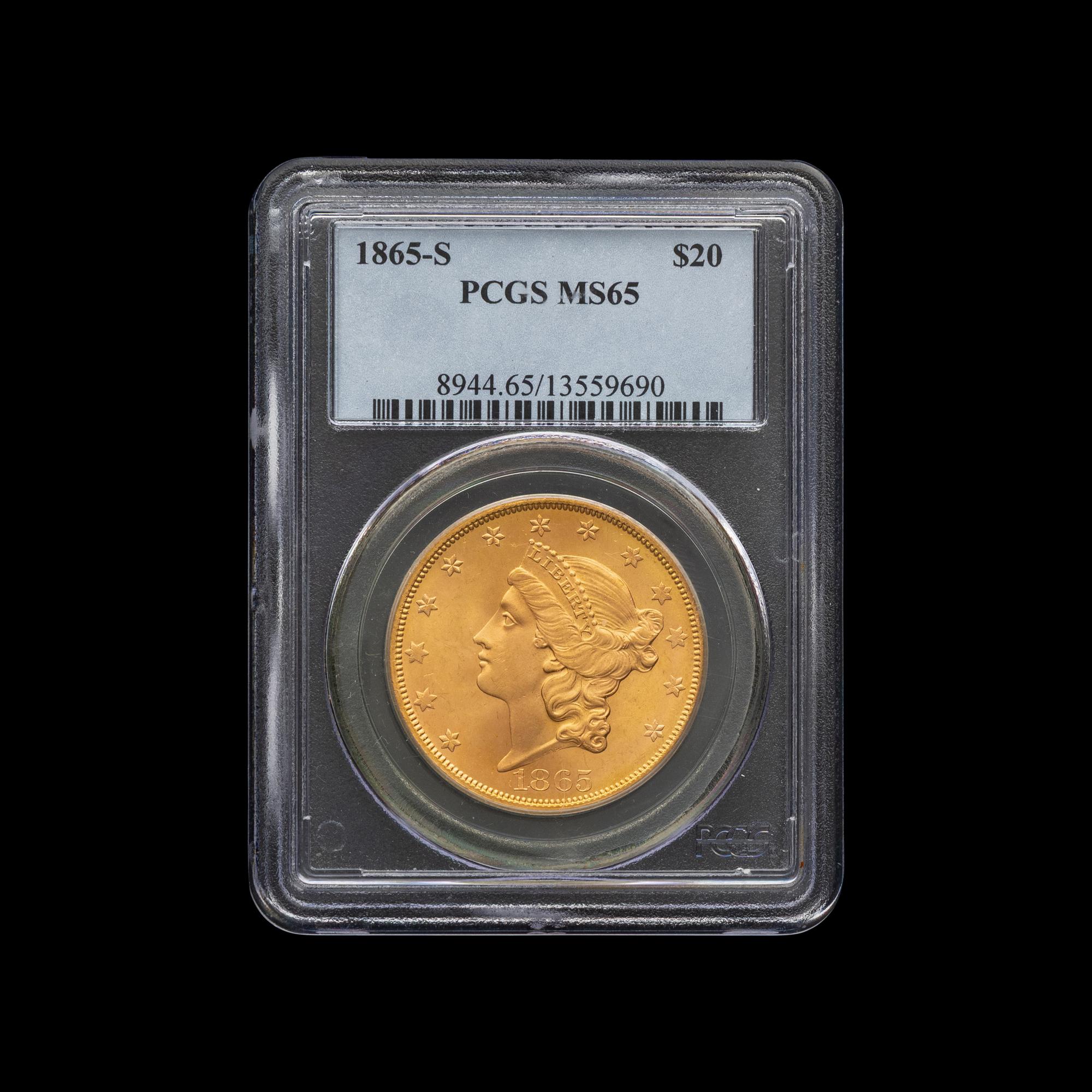 An 1865-S Liberty Head $20 Gold Coin [PCGS MS65]