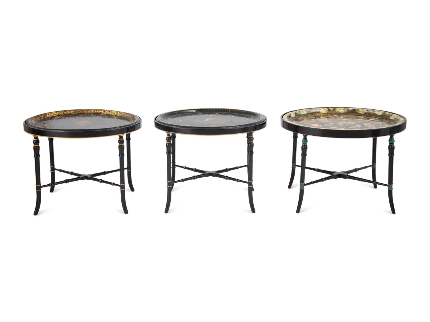 Three English Papier Mache Oval Serving Trays on Ebonized Stands