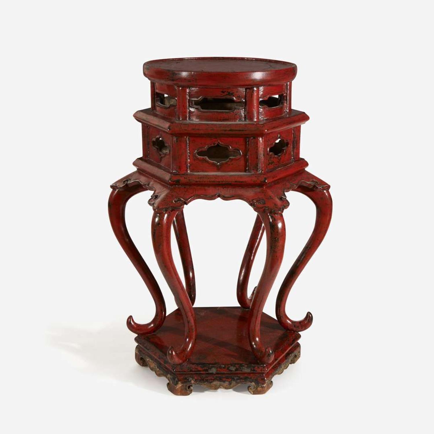 A Chinese or Japanese red lacquered Ming-style hexagonal incense stand