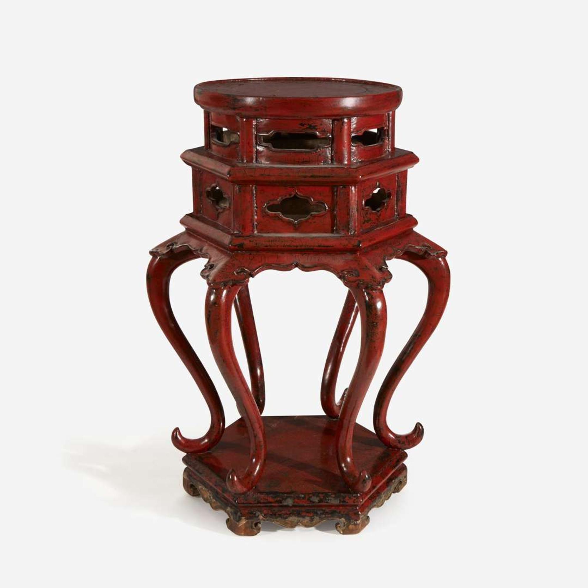 A Chinese or Japanese red lacquered Ming-style hexagonal incense stand