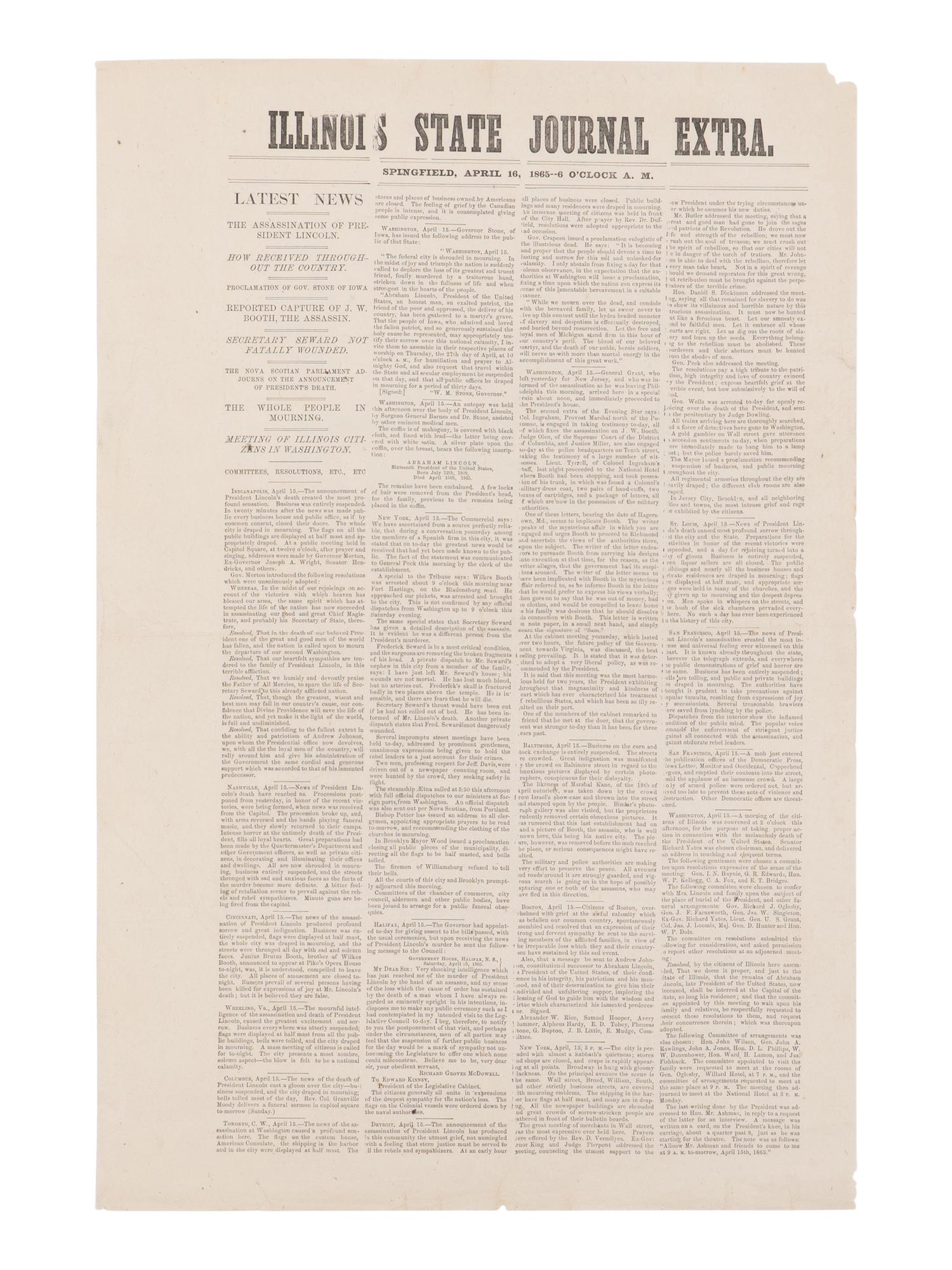 [LINCOLN ASSASSINATION]. Illinois State Journal Extra . Springfield, 16 April 1865.