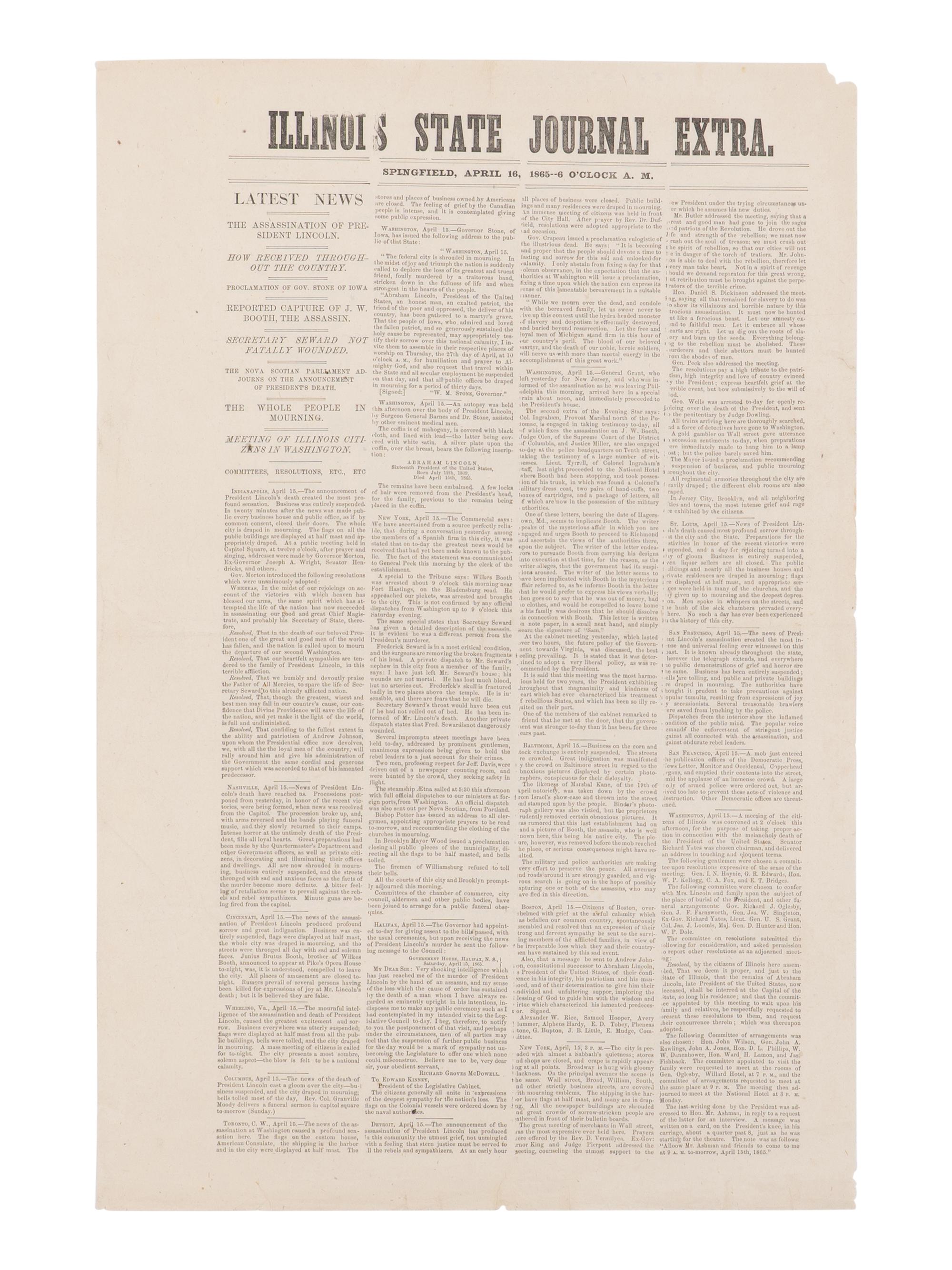 [LINCOLN ASSASSINATION]. Illinois State Journal Extra . Springfield, 16 April 1865.