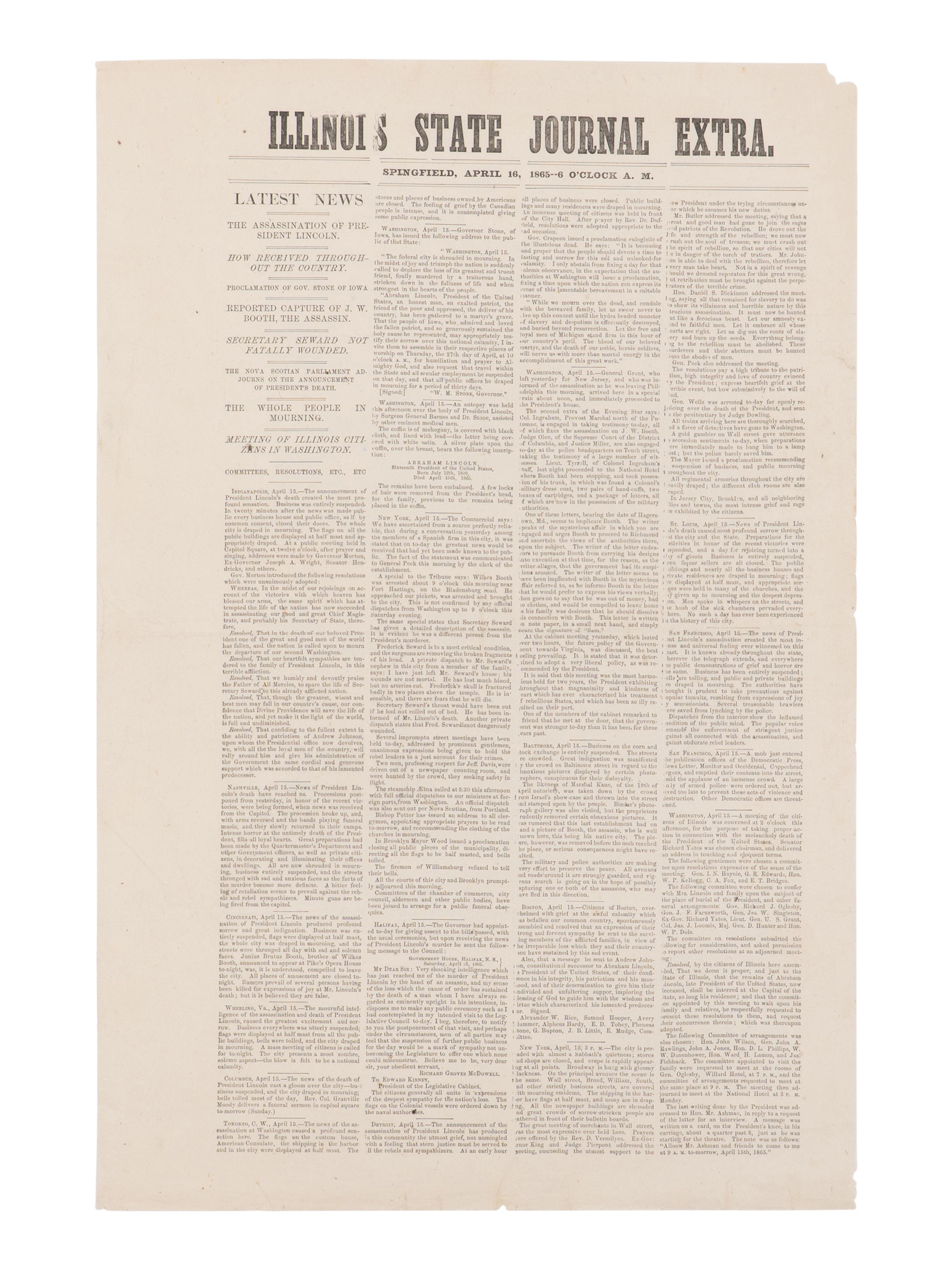 [LINCOLN ASSASSINATION]. Illinois State Journal Extra . Springfield, 16 April 1865.