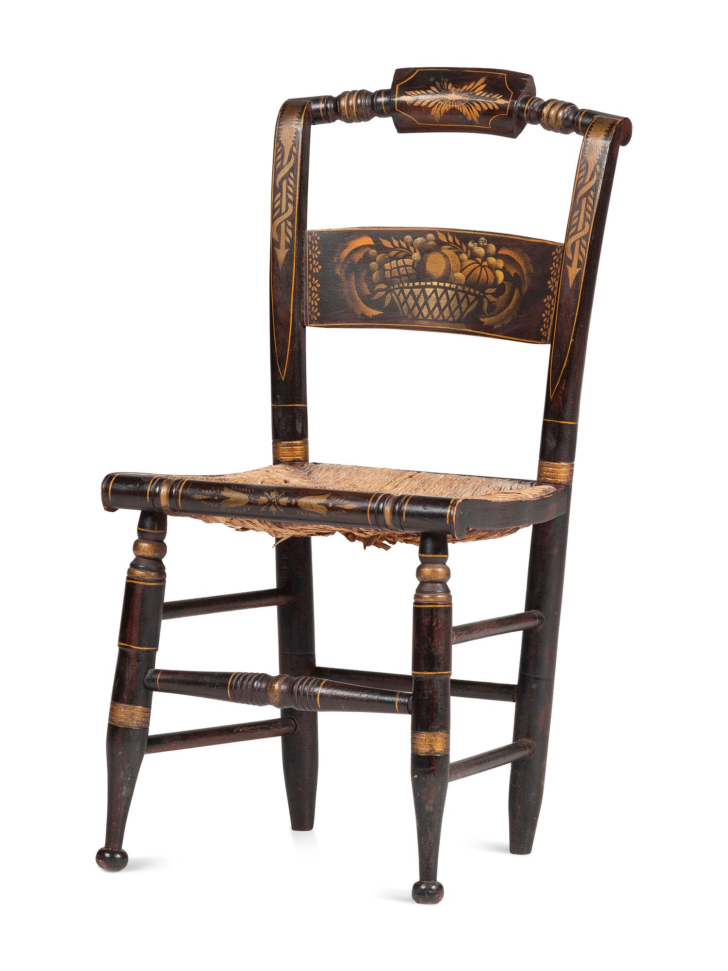 A Classical Grain Paint and Gilt Stencil-Decorated Fancy Child's Hitchcock Rush-Seat Side Chair