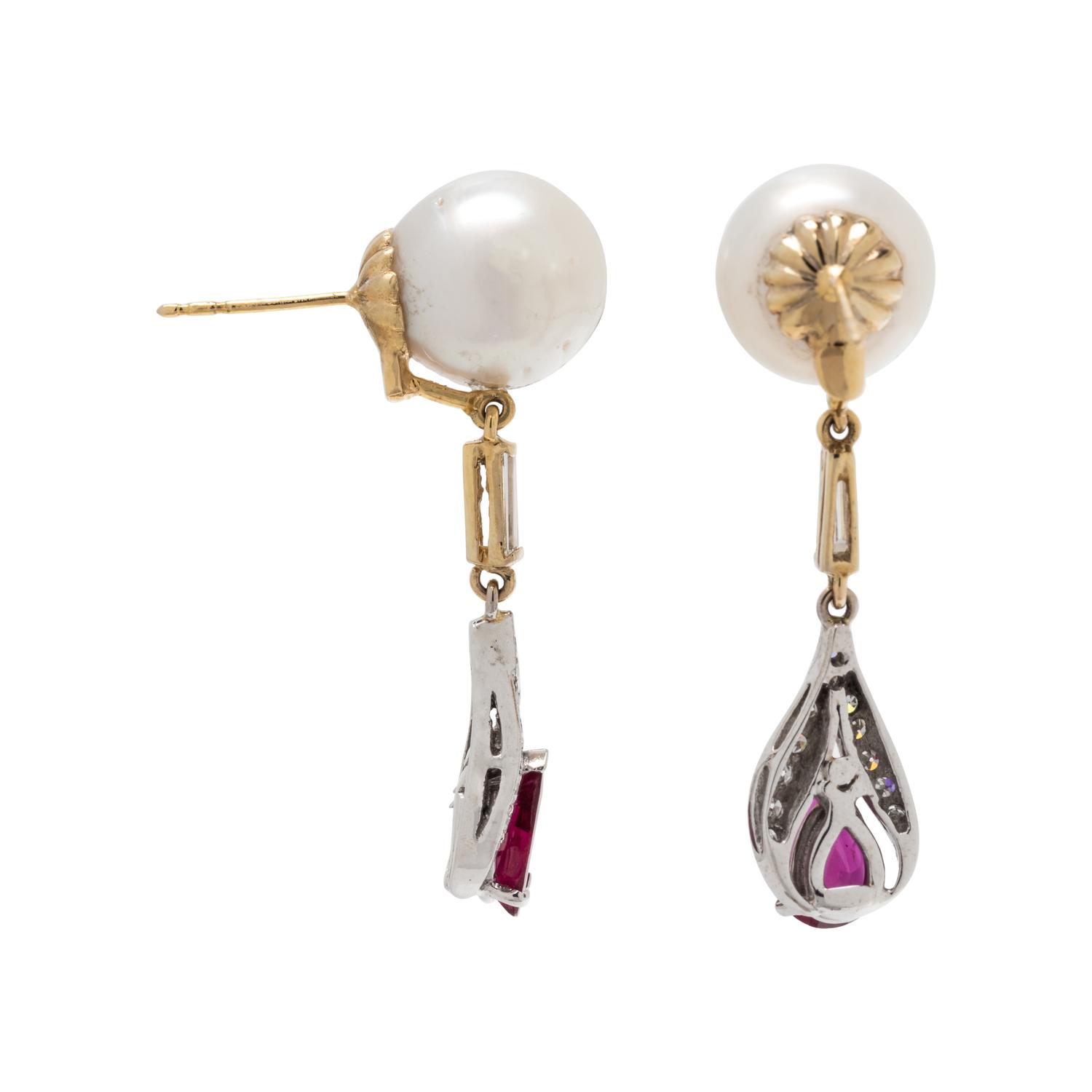 CULTURED SOUTH SEA PEARL, DIAMOND AND SYNTHETIC RUBY EARRINGS