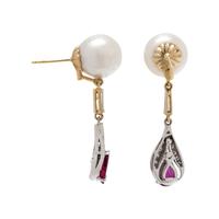 CULTURED SOUTH SEA PEARL, DIAMOND AND SYNTHETIC RUBY EARRINGS
