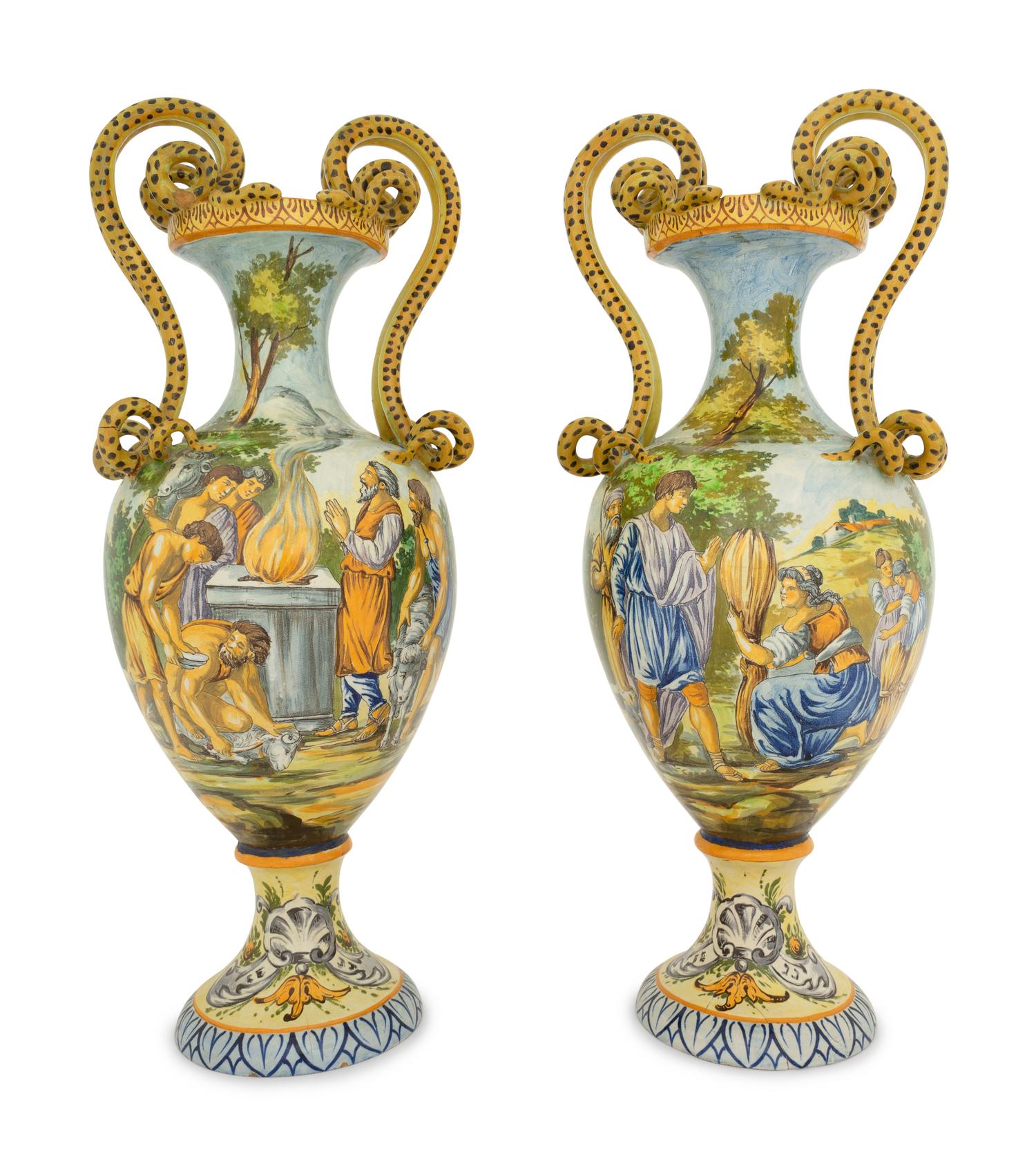 A Pair of Italian Faience Vases with Snake-Form Handles
