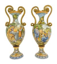 A Pair of Italian Faience Vases with Snake-Form Handles