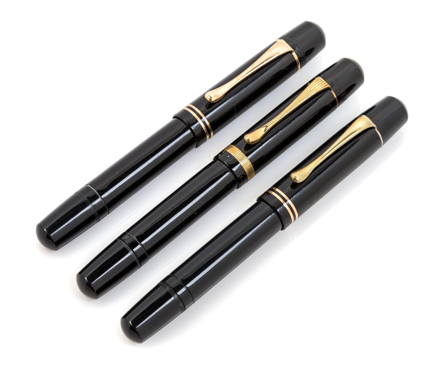 A Collection of Three Vintage Pelikan 100N Fountain Pens Length of each 4 3/4 inches.